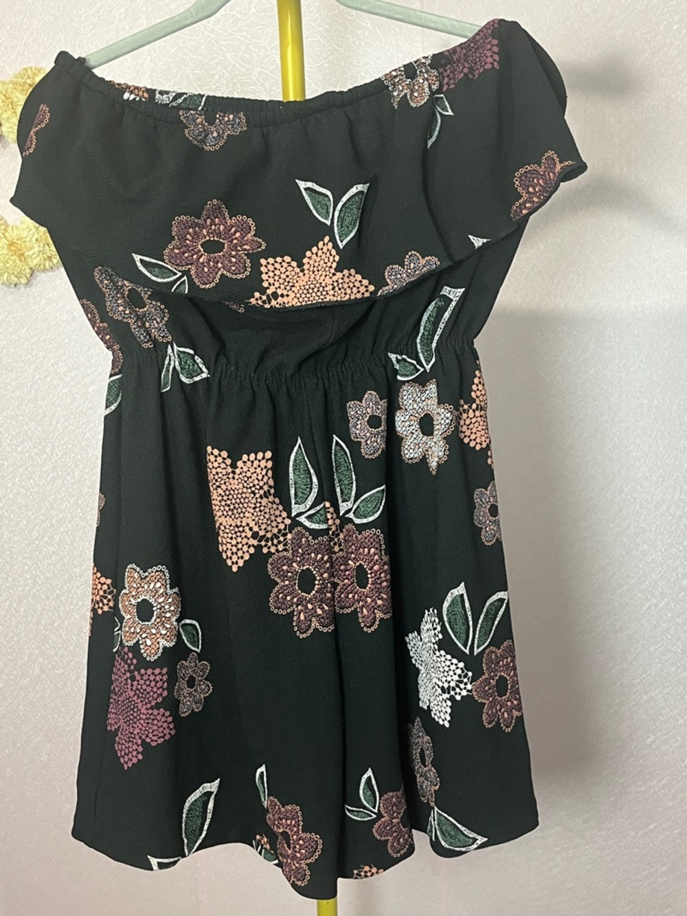 Black Floral Off-Shoulder Romper with Peach & Green Print